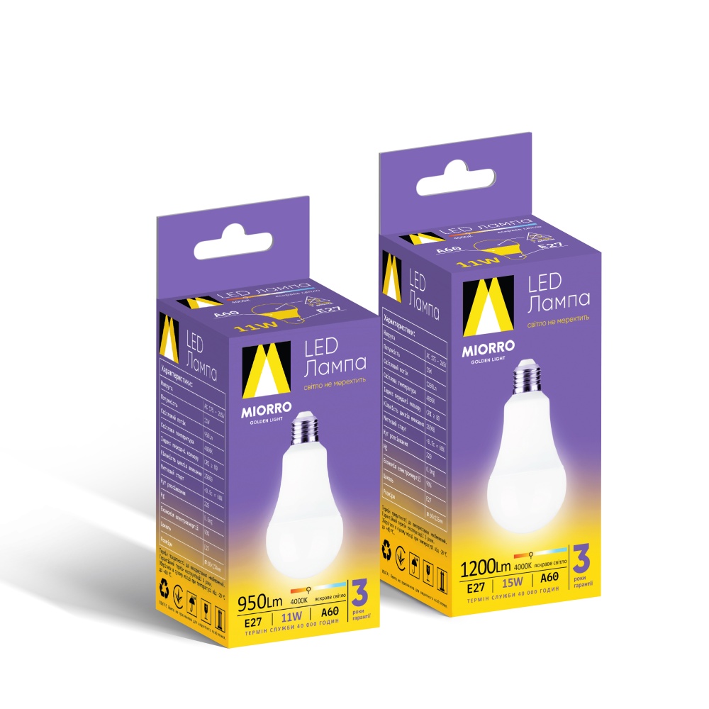 Лампа світлодіодна Miorro 950Лм 11Вт A60 м’яка біла E27 220В 4000 К 51-314-001